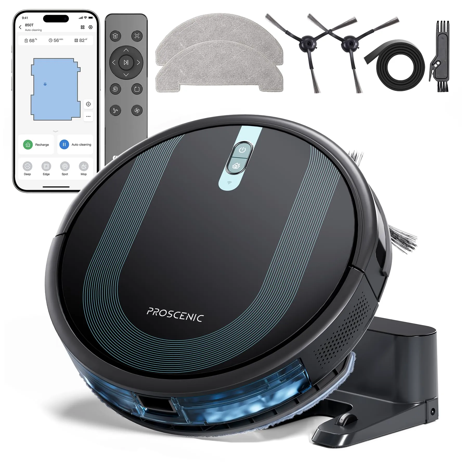 Proscenic WiFi Robot Vacuum and Mop 3000 Pa with Gyro Navigation, Boundary Strip, Self-Charging -3 Modes for Hard Floors and Carpets WiFi. Remote Control -Dark Black