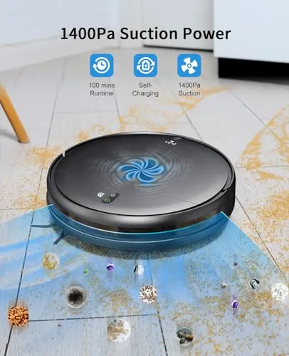 Robot Vacuum and Mop Combo, 2 in 1 Mopping Robot Vacuum Cleaner with Schedule, Wi-Fi/App/Alexa, 1400Pa Max Suction, Self-Charging Robotic Vacuum, Slim, Ideal for Hard Floor, Pet Hair, Low-Pile Carpet