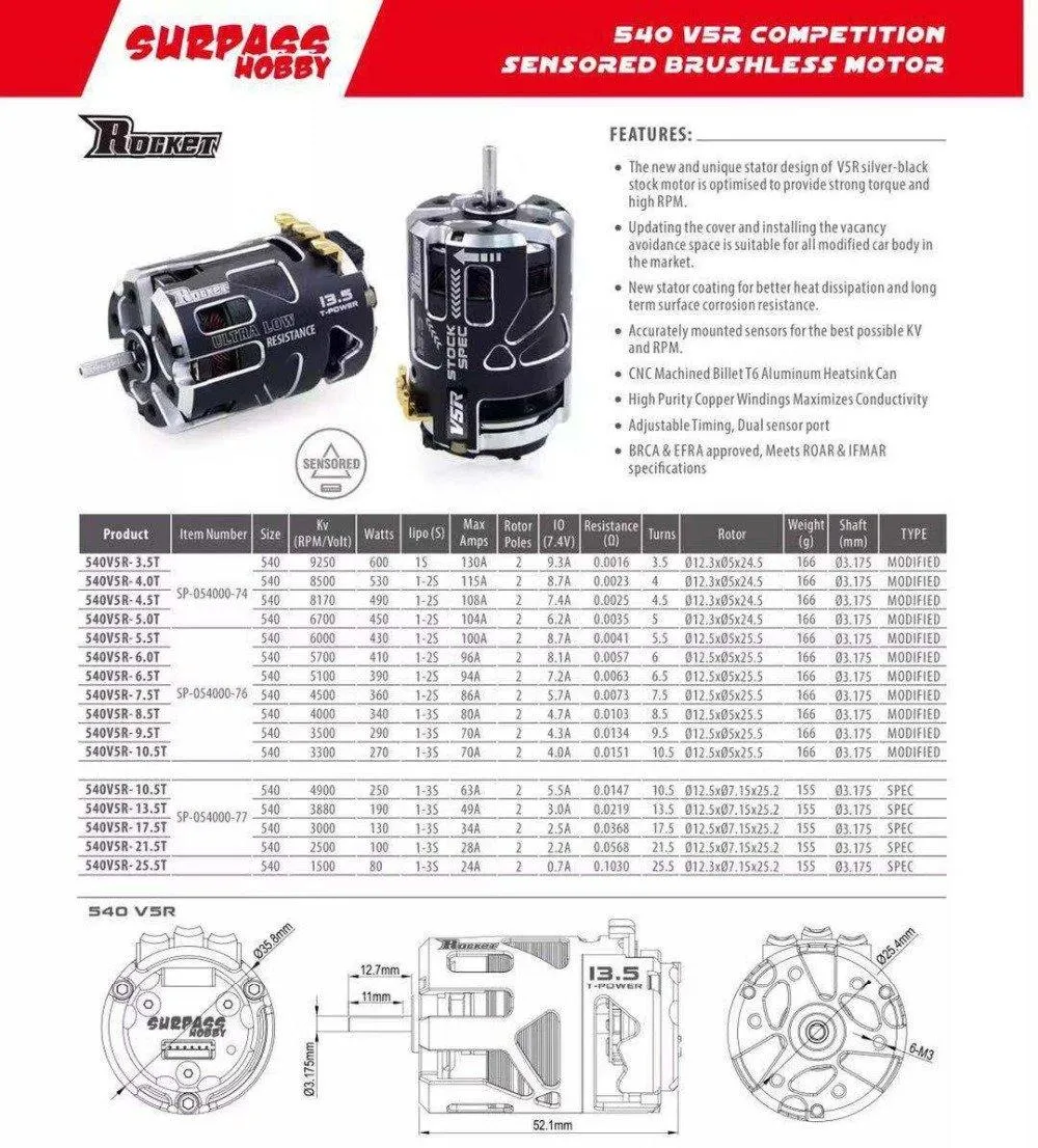 Rocket 540-V5R brushless motor 6.5T MODIFIED SP-054000-76-65T