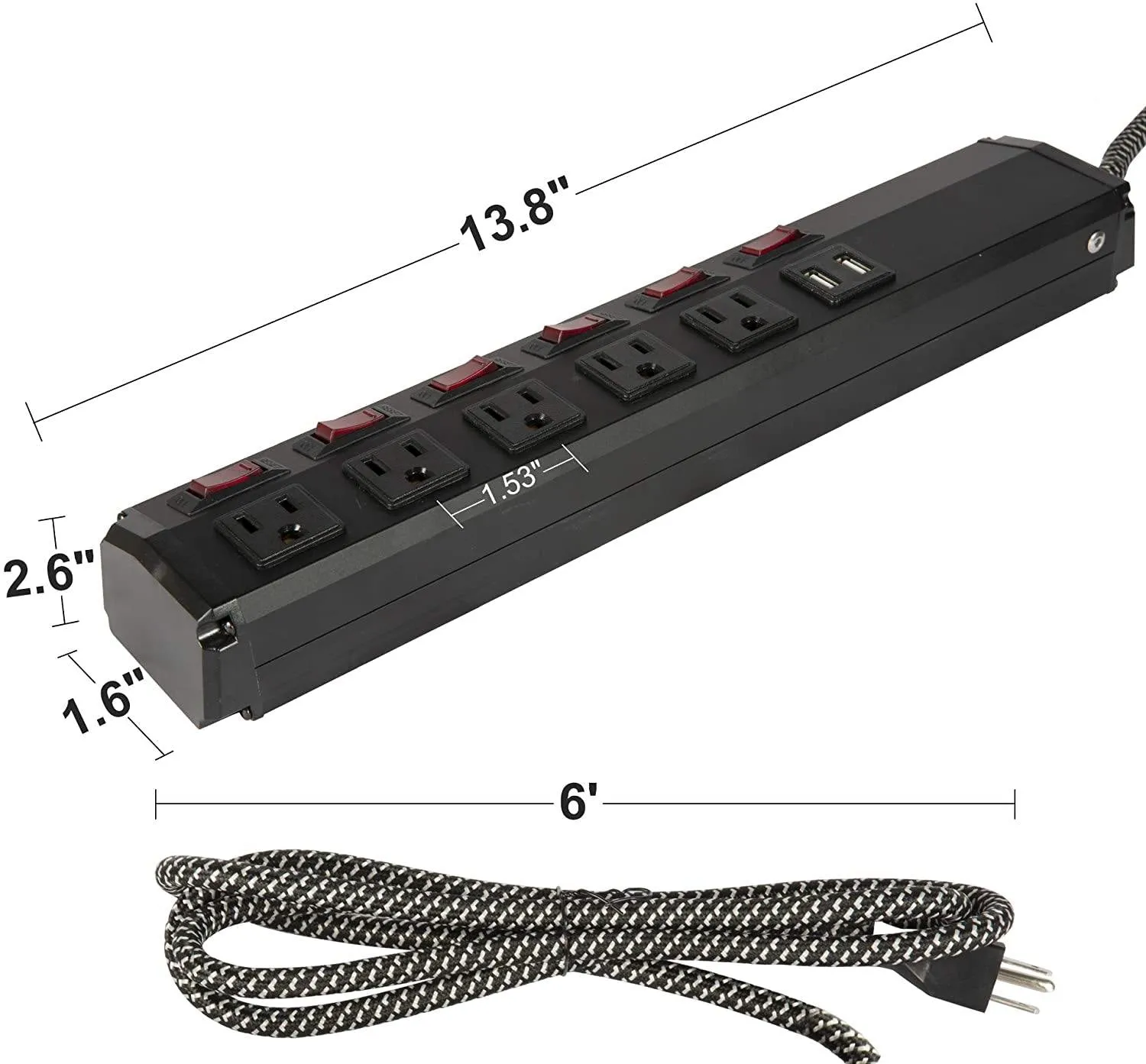 Surge Protector Power Strip with Outlets and USB Charging Ports 6-Foot Cord for Home, Office -Black (2, 5 outlets 2 USB)