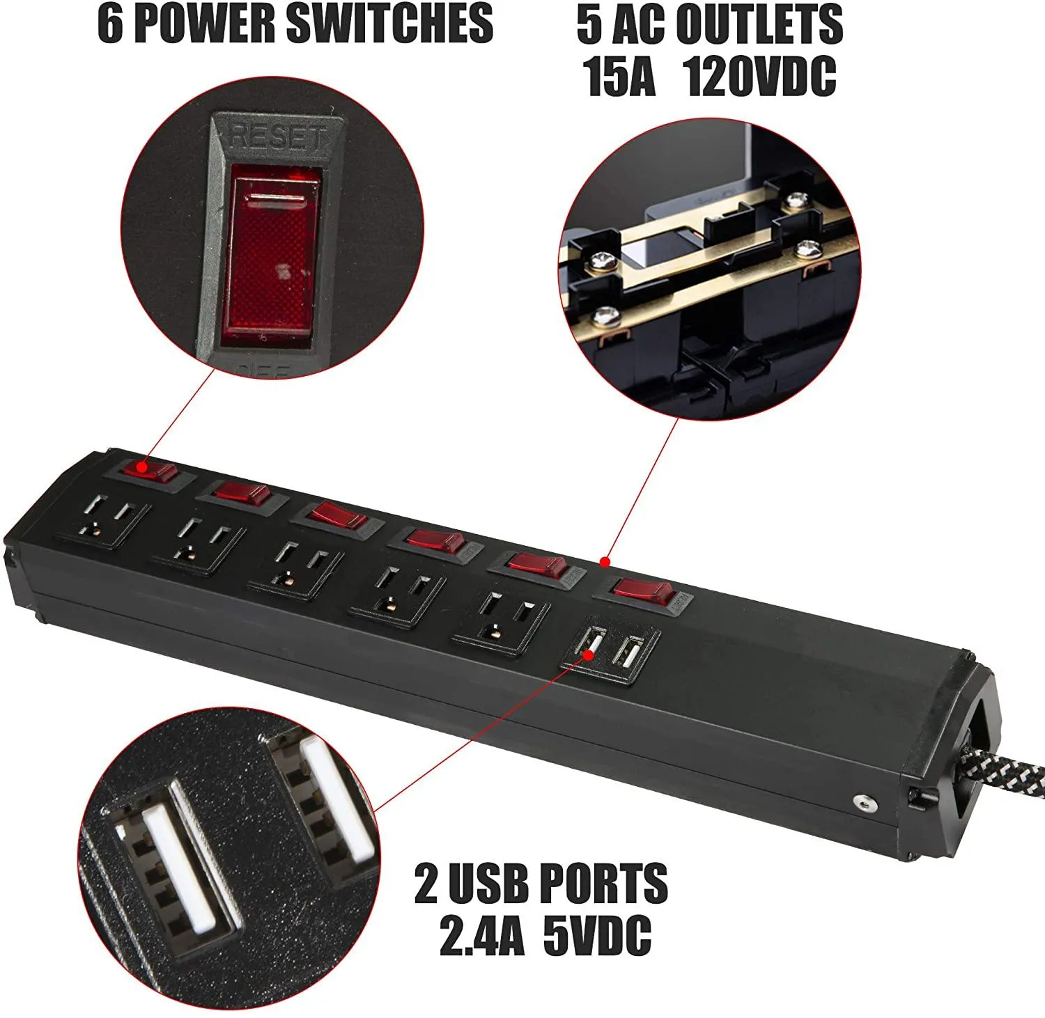 Surge Protector Power Strip with Outlets and USB Charging Ports 6-Foot Cord for Home, Office -Black (2, 5 outlets 2 USB)