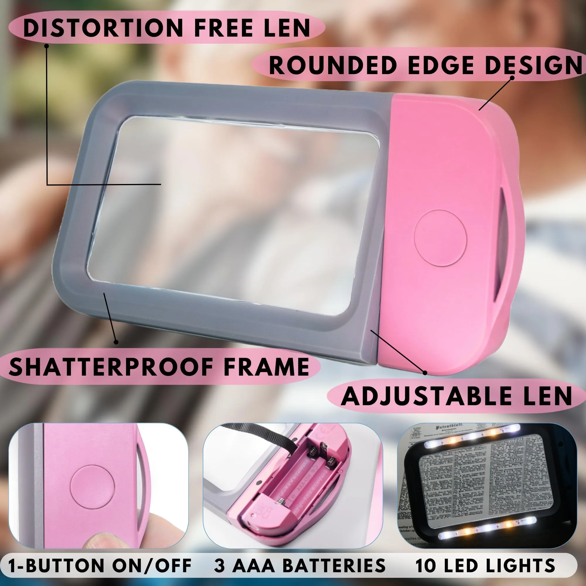 VOCA Magnifying Glass with Light, 3X Large Rectangle Reading Magnifier with 10 LEDs for Seniors with Macular Degeneration, Newspaper, Books, Small Print, for Low Visions (Pink)