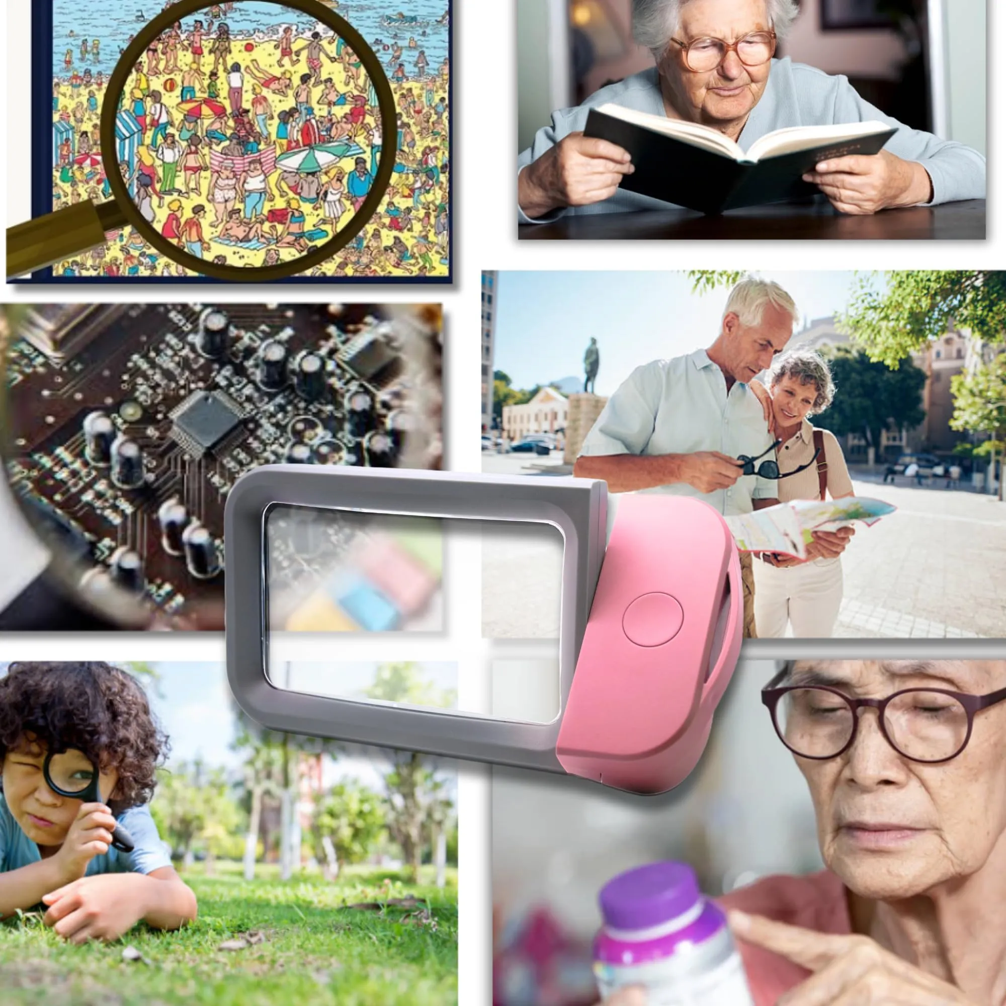 VOCA Magnifying Glass with Light, 3X Large Rectangle Reading Magnifier with 10 LEDs for Seniors with Macular Degeneration, Newspaper, Books, Small Print, for Low Visions (Pink)